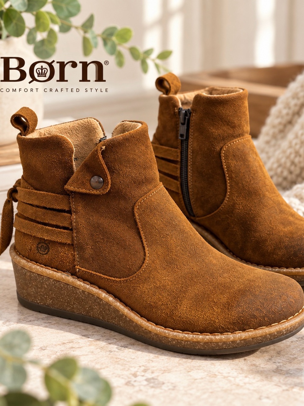 NWOT Born Womenβs Cognac Brown Suede Wedge Ankle Boots Size 6.5